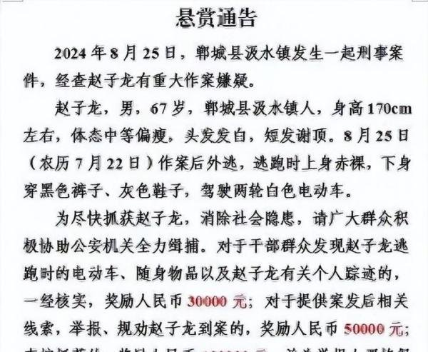 赵子龙，身高1米7，谢顶！河南警方悬赏10万抓捕，进展：仍在逃