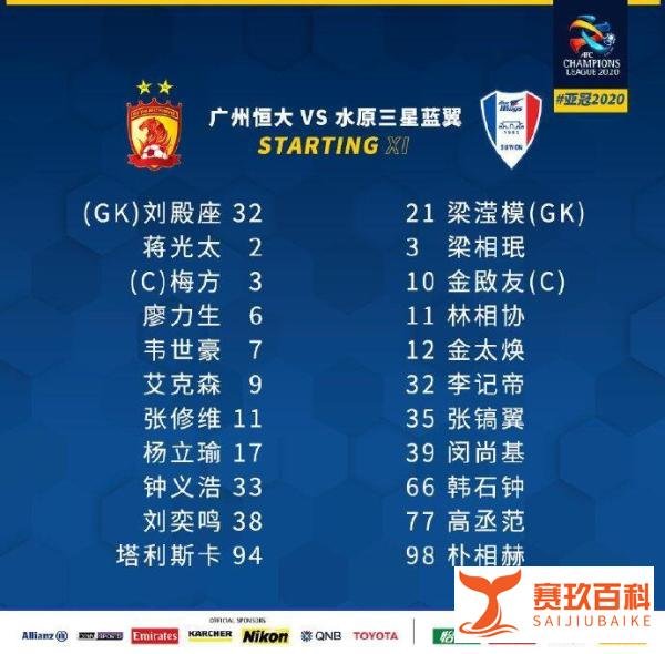 亚冠-恒大vs水原:塔利斯卡、蒋光太首发,高拉特、费南多替补