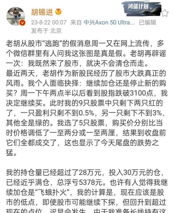 老胡胡锡进继续加仓A股